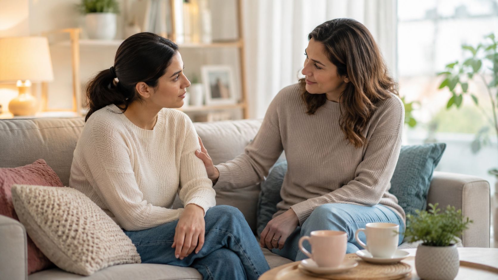 A supportive woman placing a hand on a friend's shoulder to offer comfort during a difficult conversation.