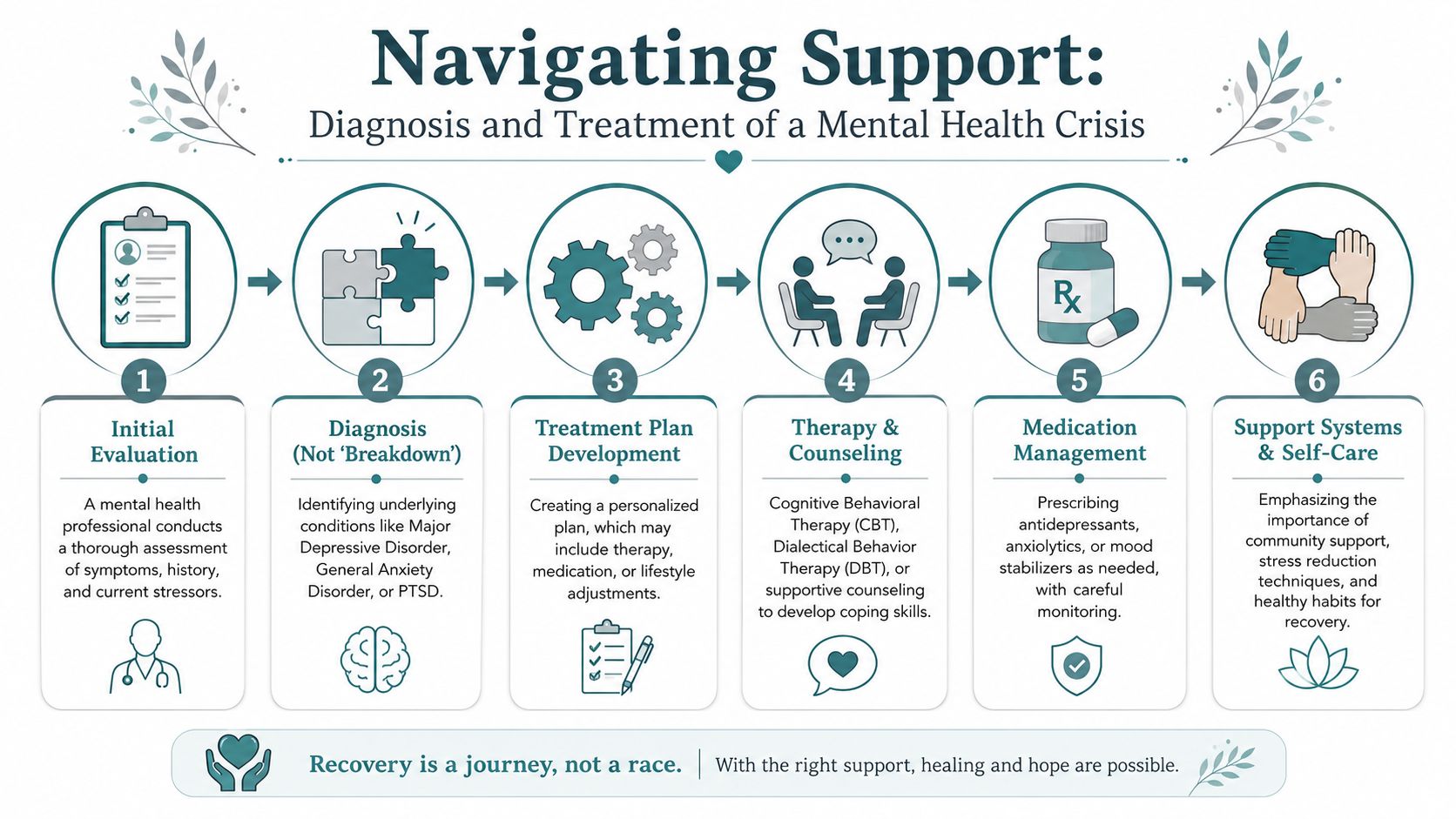 An infographic showing the six sequential steps for diagnosing and treating a mental health crisis.