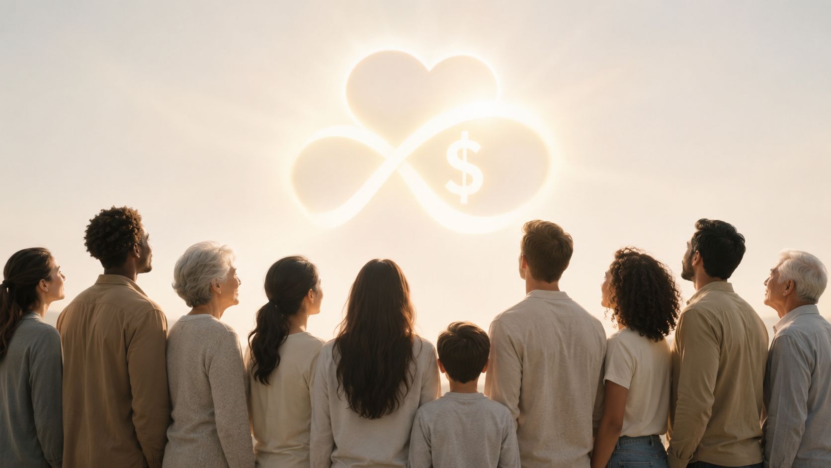 A diverse group of people standing together and looking up at a glowing infinity heart symbol.