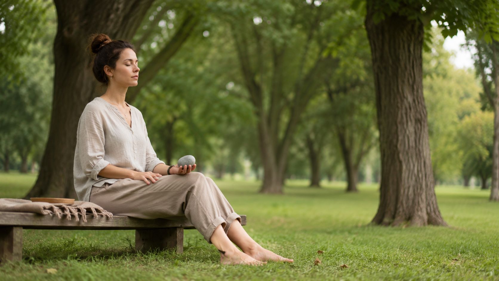 A woman sits in a peaceful park setting meditating while holding a smooth grey stone.