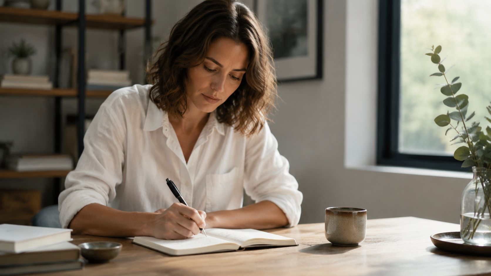 A woman with wavy hair writing in a notebook at a wooden table in a home office.