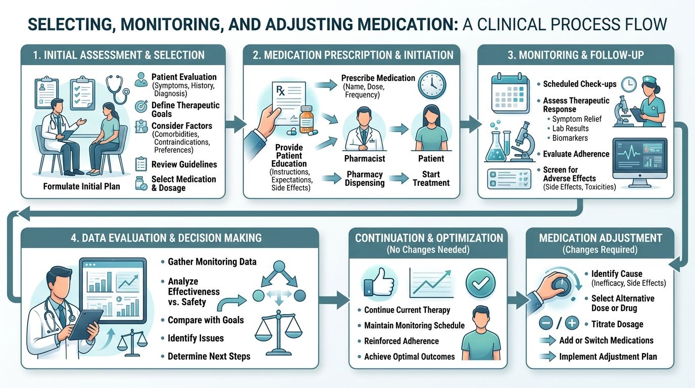 A clinical process flow chart showing steps for selecting, monitoring, and adjusting a patient's medication regimen.