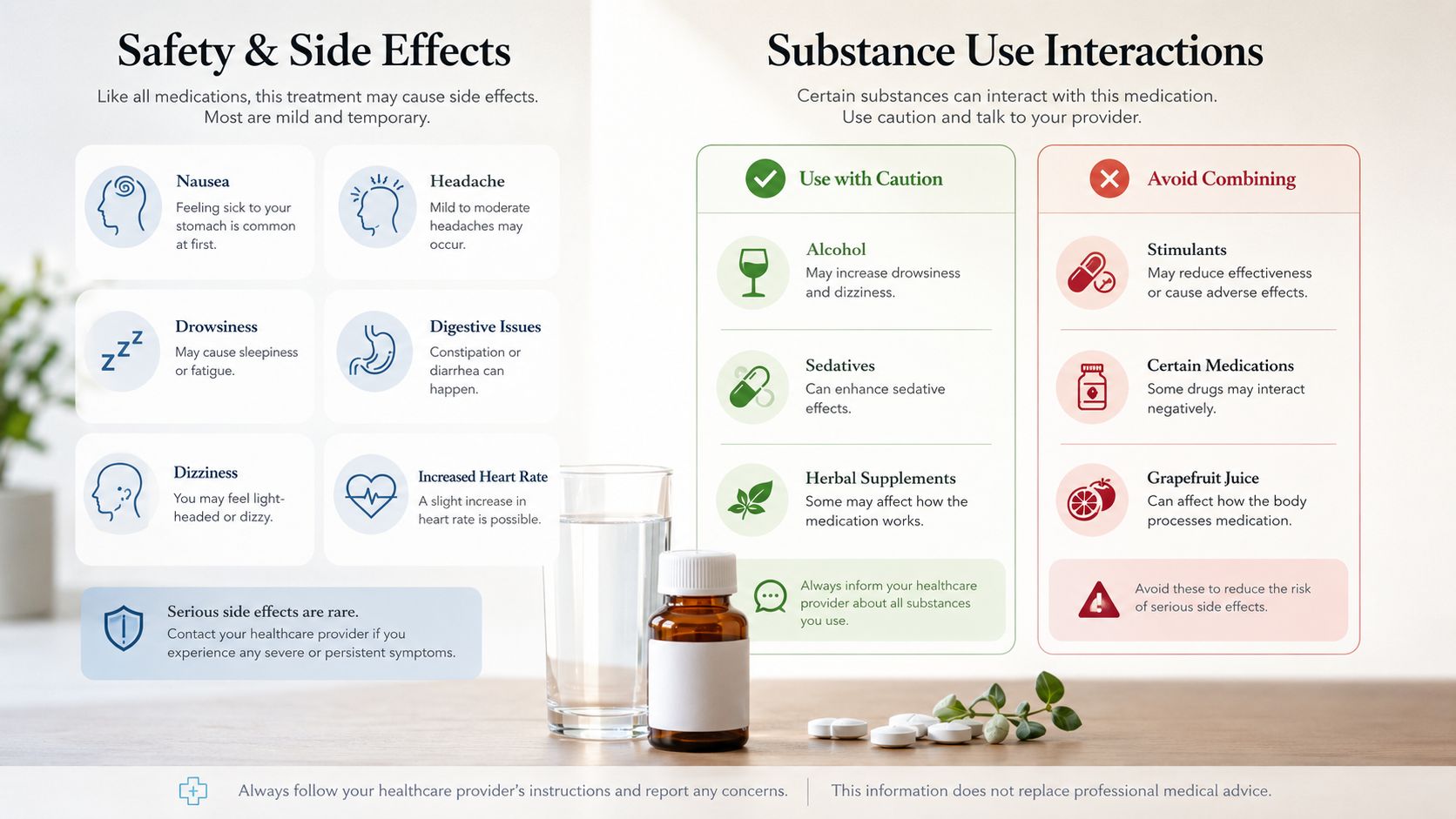 An infographic detailing safety, side effects, and substance interactions for a medical treatment with clear visual icons.
