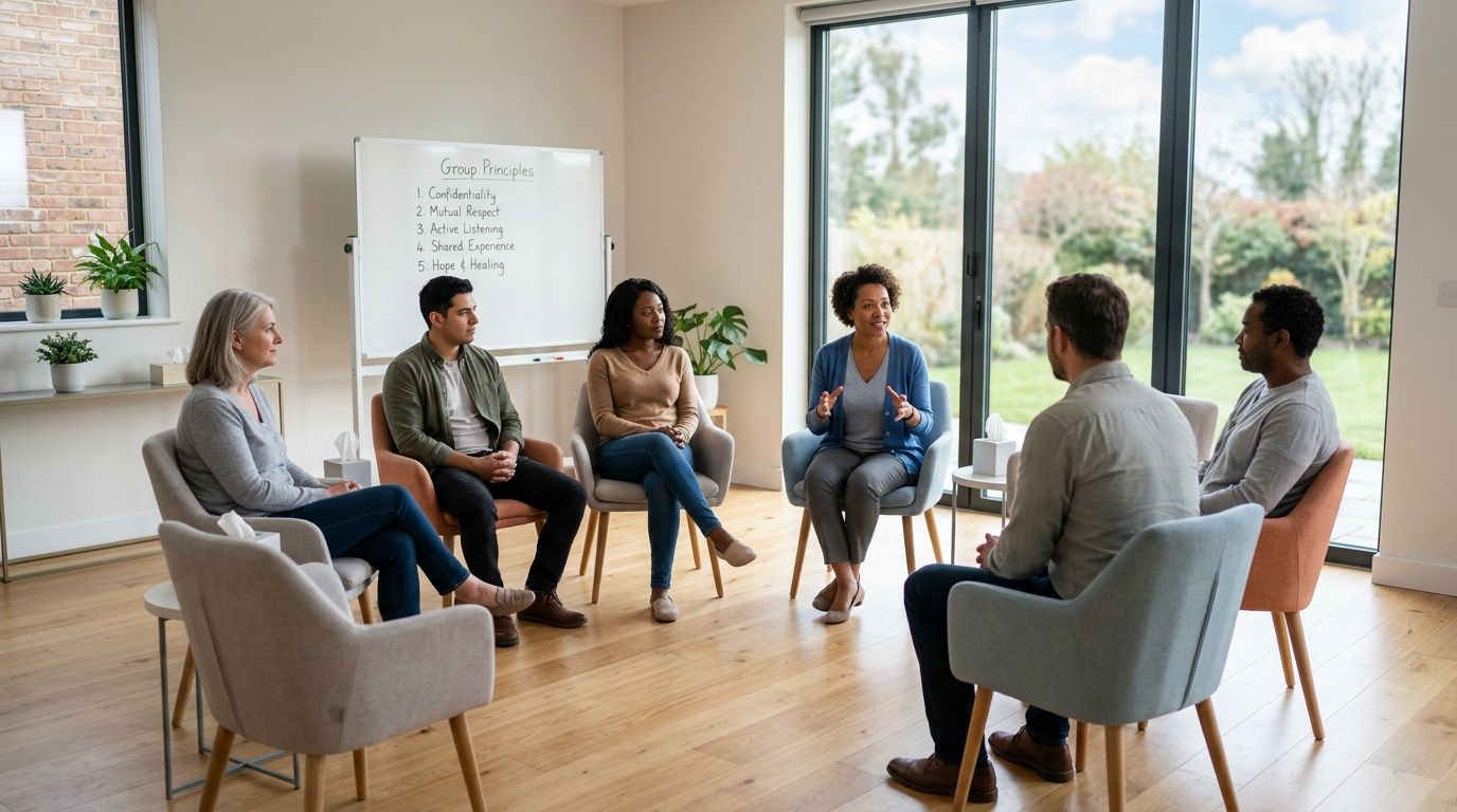 A diverse group of people sitting in a circle during a therapy session in a bright room.