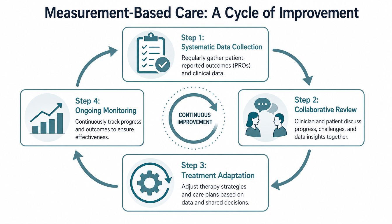 A diagram illustrating the four-step cycle of Measurement-Based Care for improving patient clinical outcomes and treatment.