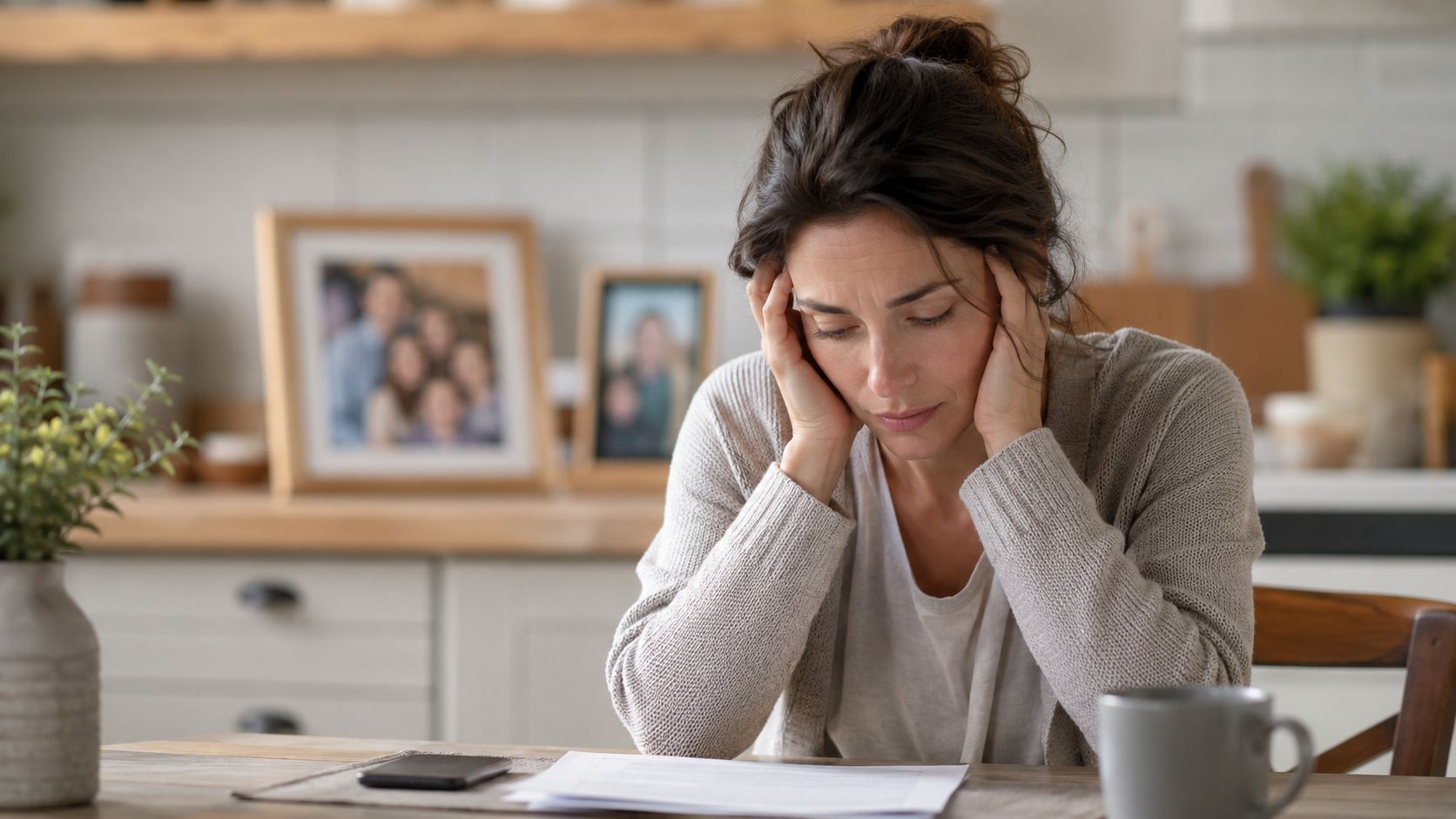 A distressed woman sitting at a table in a kitchen, looking at financial documents with her head held.