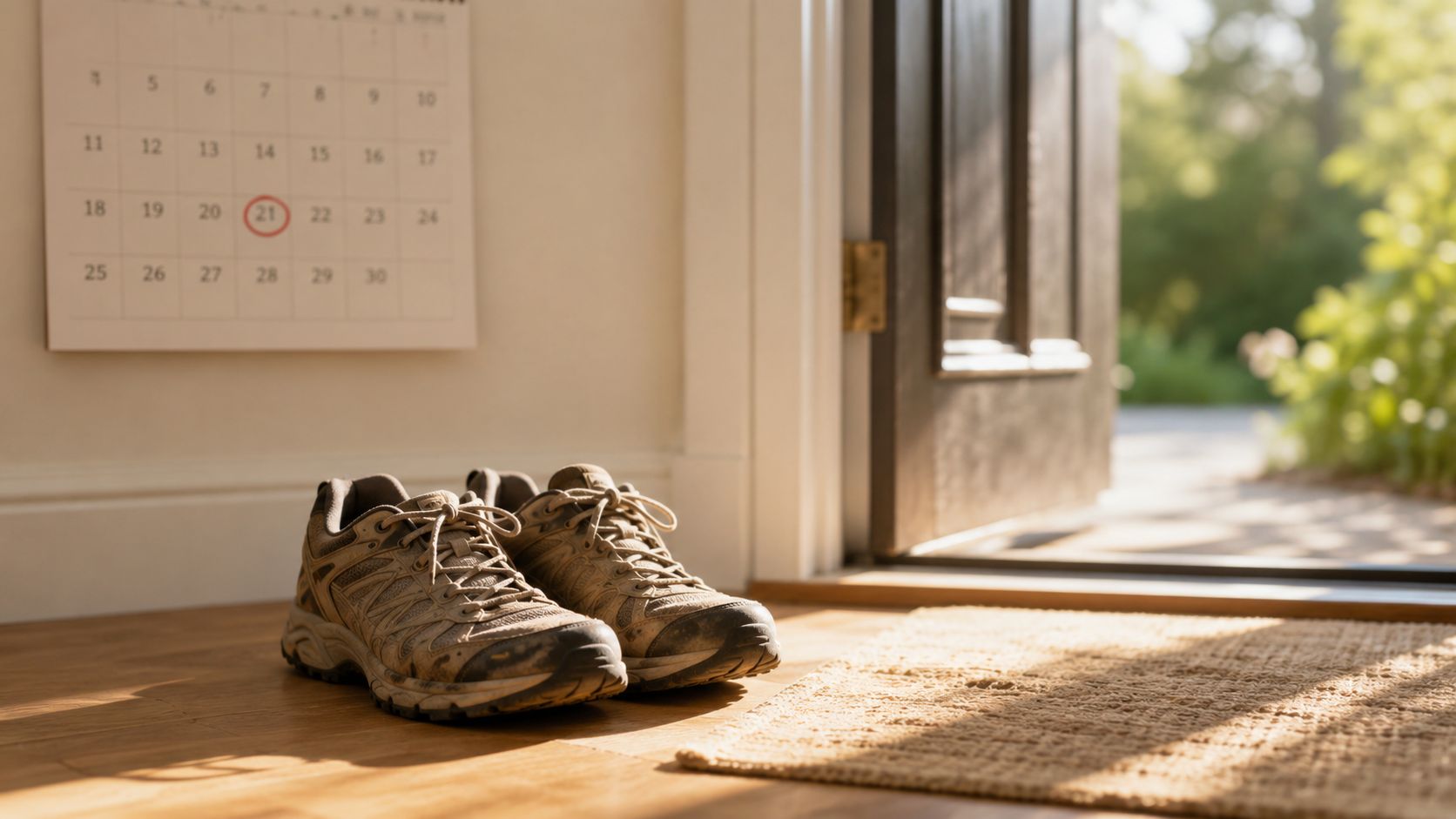 A pair of worn hiking shoes sits on the wooden floor near an open door with a calendar.