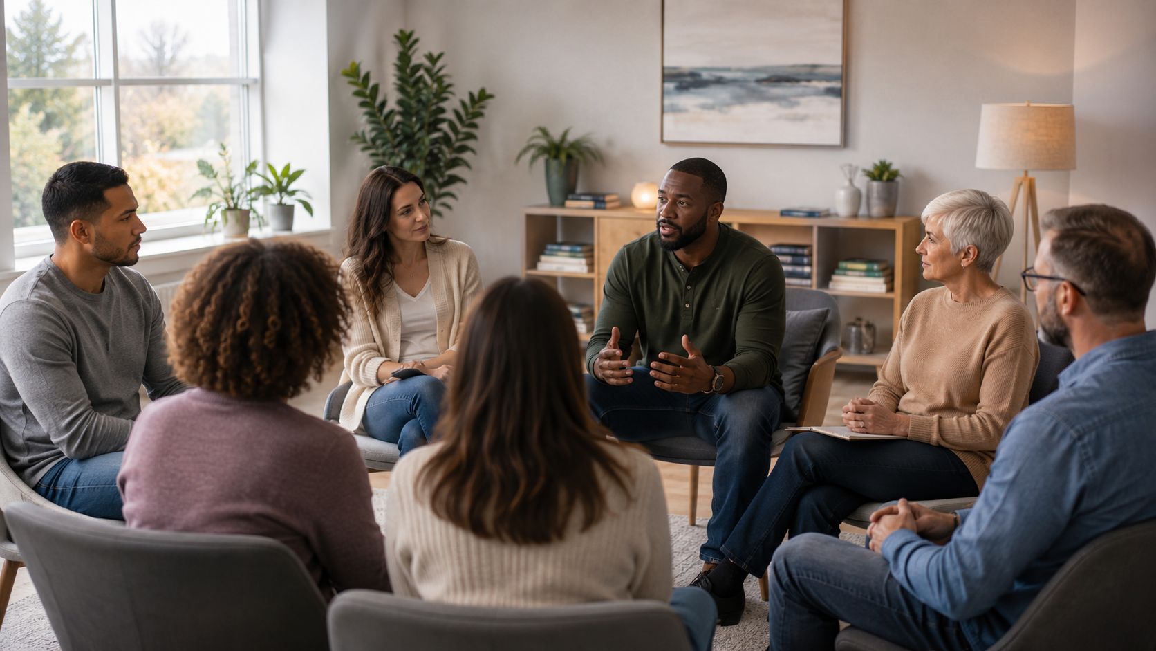 A diverse group of people sitting in a circle during a therapy or support group session.