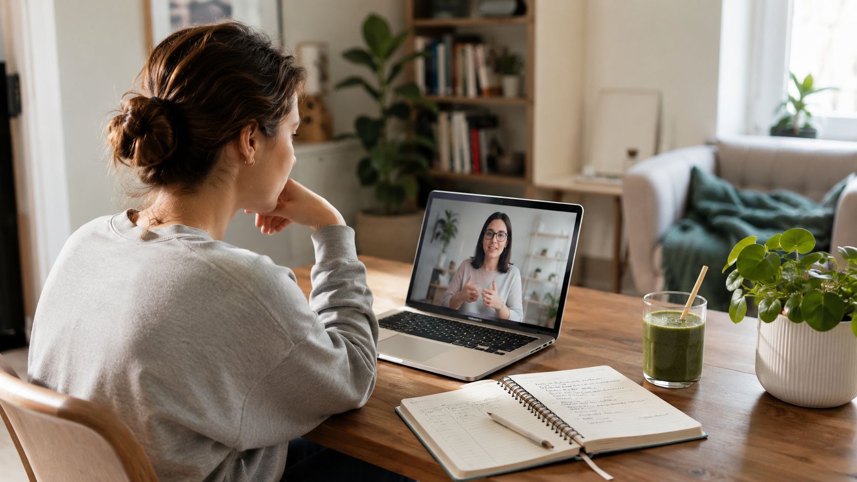 A woman participates in a remote video therapy session on her laptop while sitting at a table.