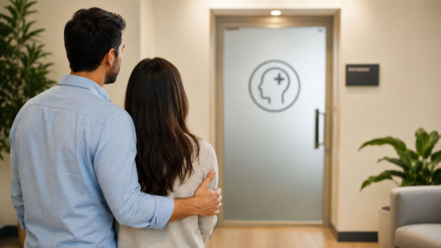 A couple standing together and looking toward a professional office door with a mental health sign.