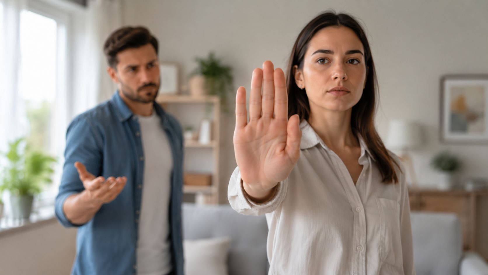 A woman holding up her hand in a stop gesture towards an upset man in a living room.