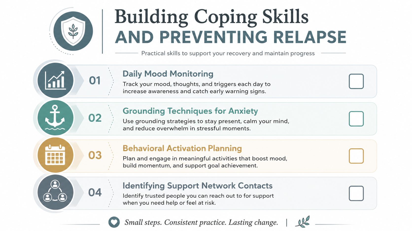 An infographic list titled Building Coping Skills and Preventing Relapse with four practical recovery strategies.