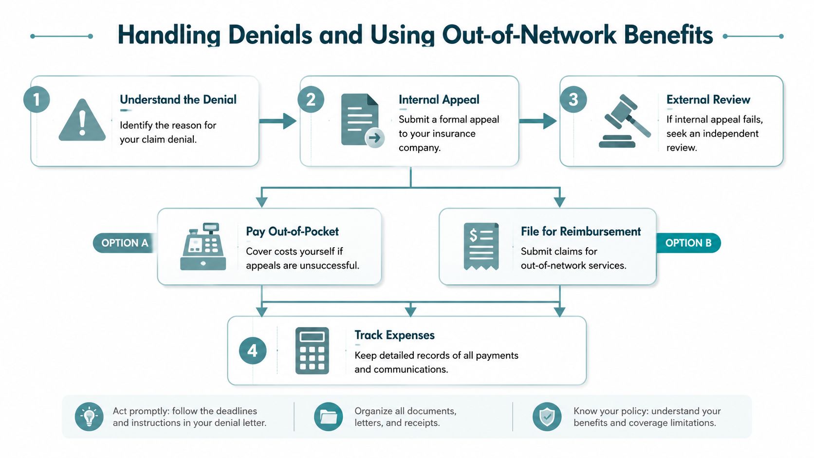 An infographic outlining the four-step process for handling insurance claim denials and using out-of-network benefits.