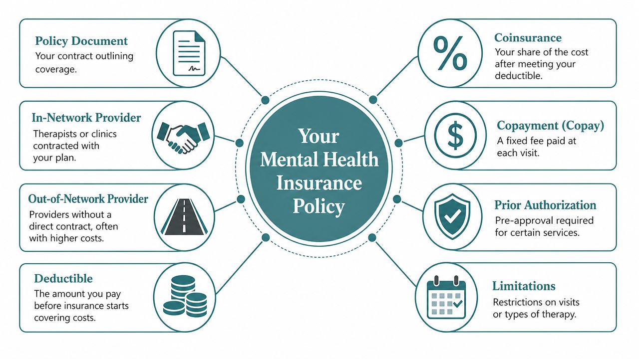 A diagram explaining key components of a mental health insurance policy using clear icons and descriptions.