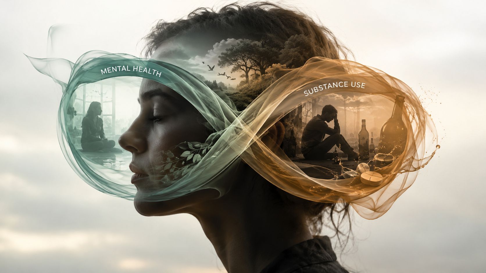 A conceptual art piece illustrating the connection between mental health and substance use within a human silhouette.