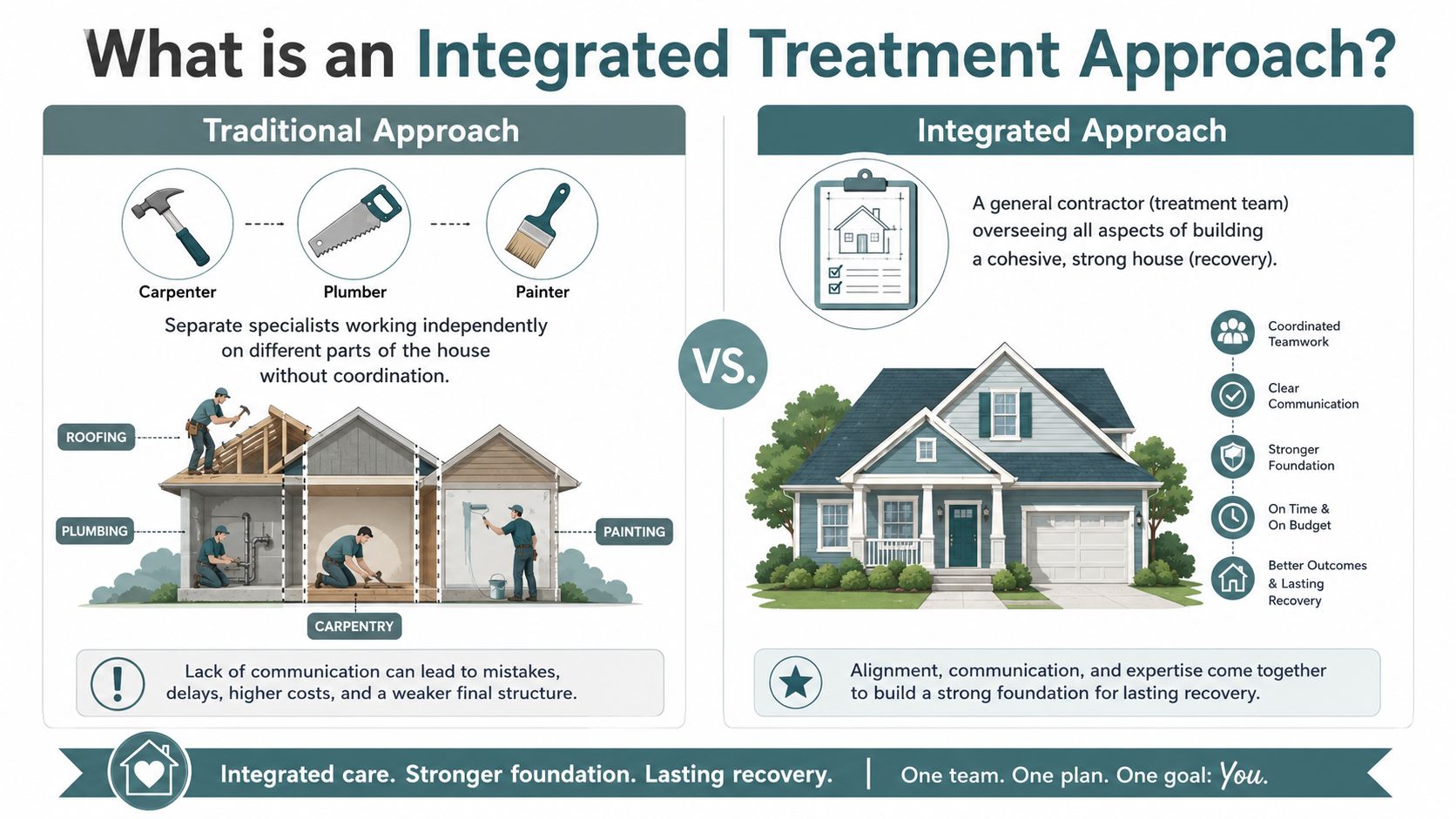 An infographic comparing a traditional disconnected treatment approach with a cohesive, integrated treatment model for recovery.