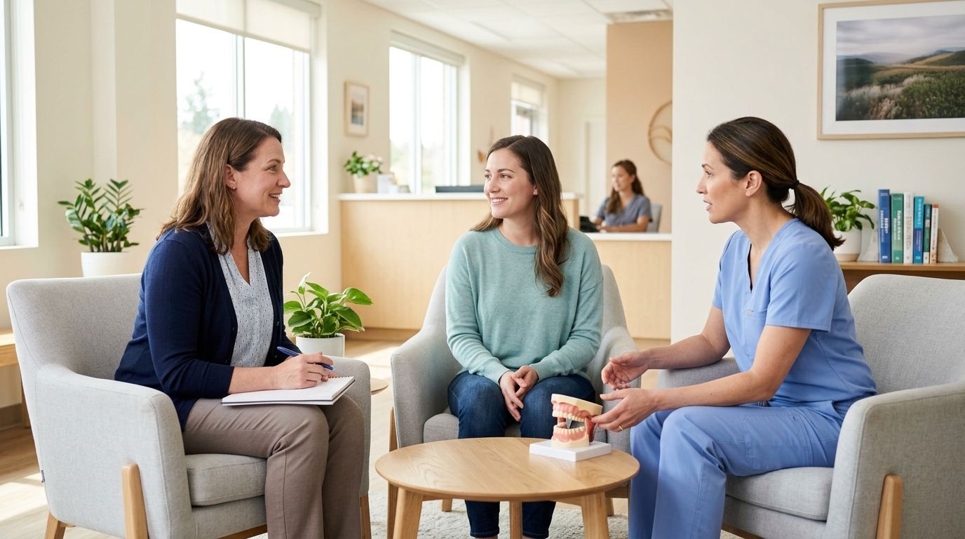 A professional consultation session where a dentist discusses dental health with a patient in an office.