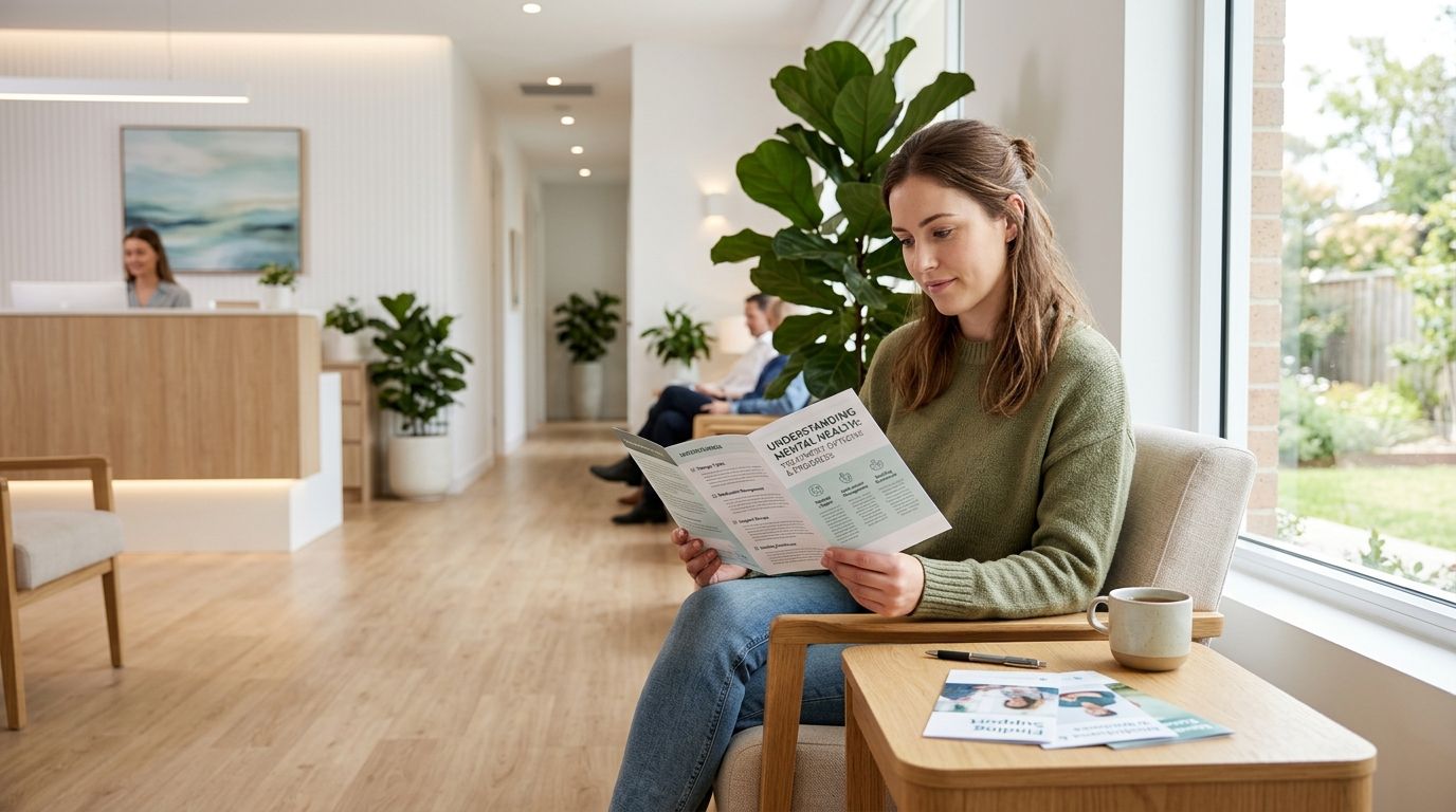 A woman reading a brochure about mental health in a calm and modern doctor's clinic waiting room.
