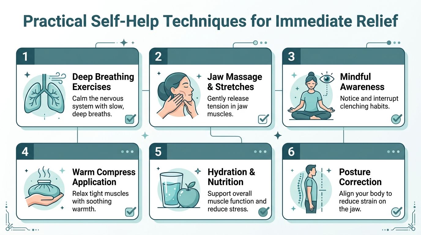 A visual guide presenting six practical self-help techniques for managing stress, jaw clenching, and muscular tension.