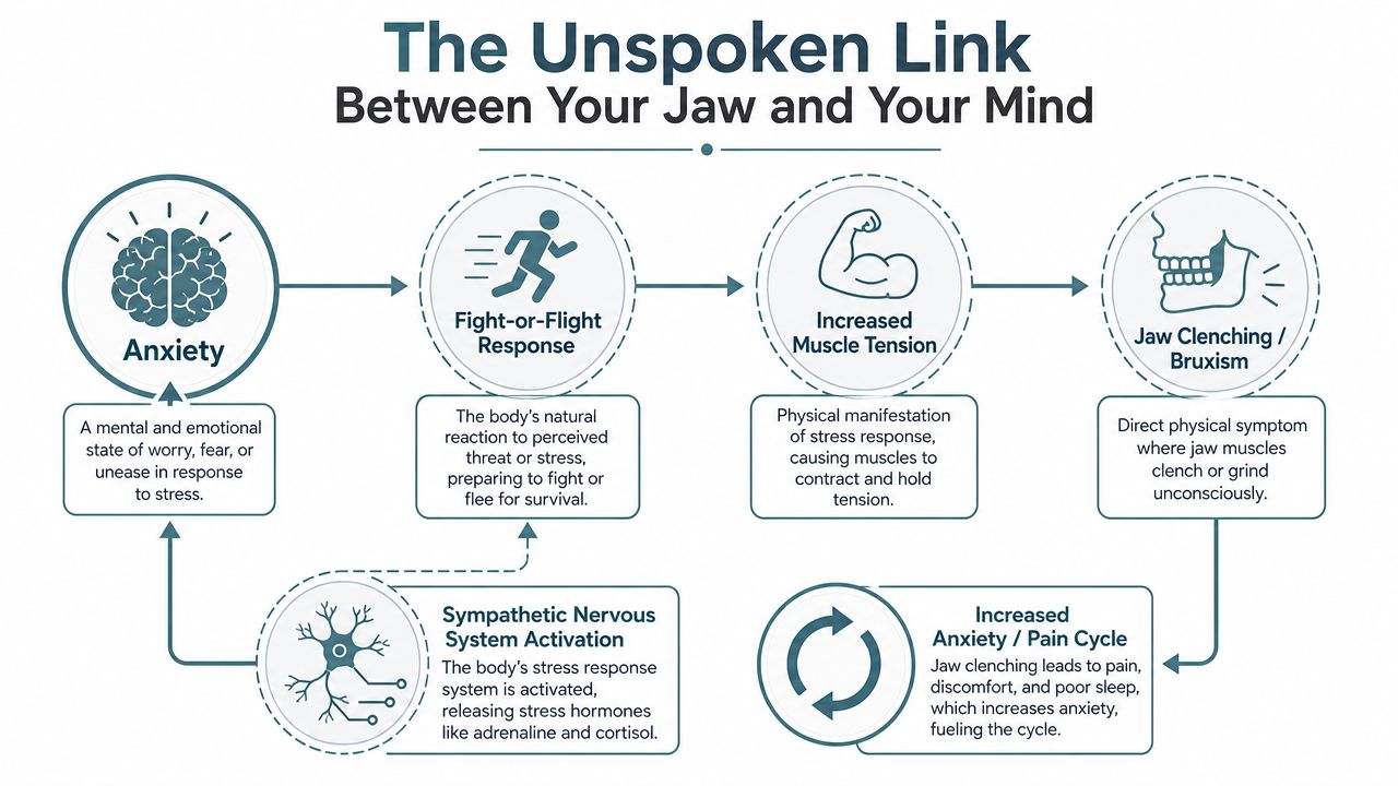 An infographic illustrating the cyclical link between anxiety, stress response, and jaw clenching or bruxism.