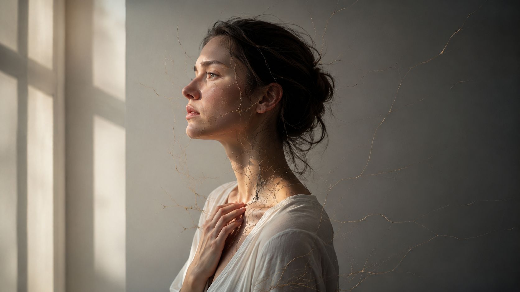 A woman stands in profile with delicate, vein-like dry branches emerging from her skin and neck area.