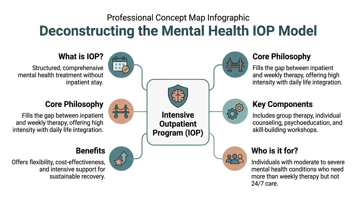 A professional infographic titled Deconstructing the Mental Health IOP Model explaining the definition, philosophy, components, and benefits.