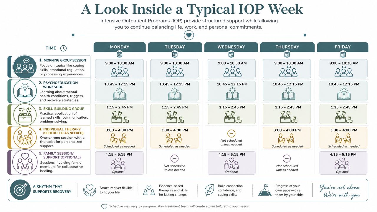 A weekly schedule infographic for an Intensive Outpatient Program showing daily therapy sessions and workshop times.