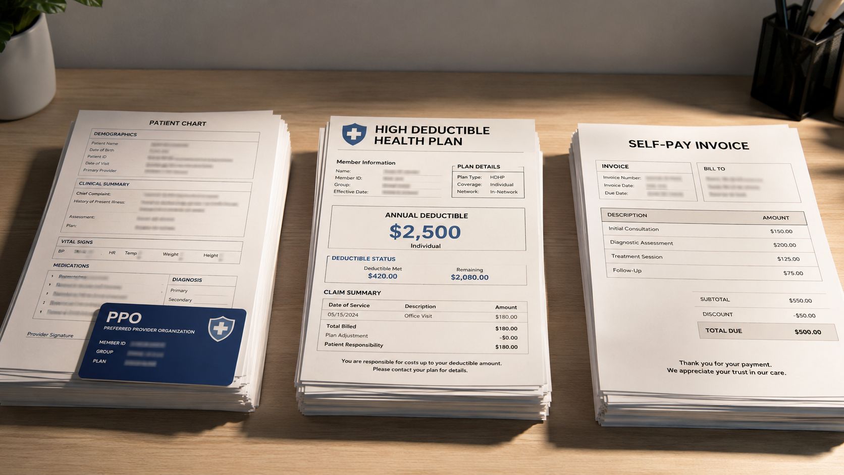 A wooden desk featuring a patient chart, a high deductible health plan statement, and a self-pay medical invoice.