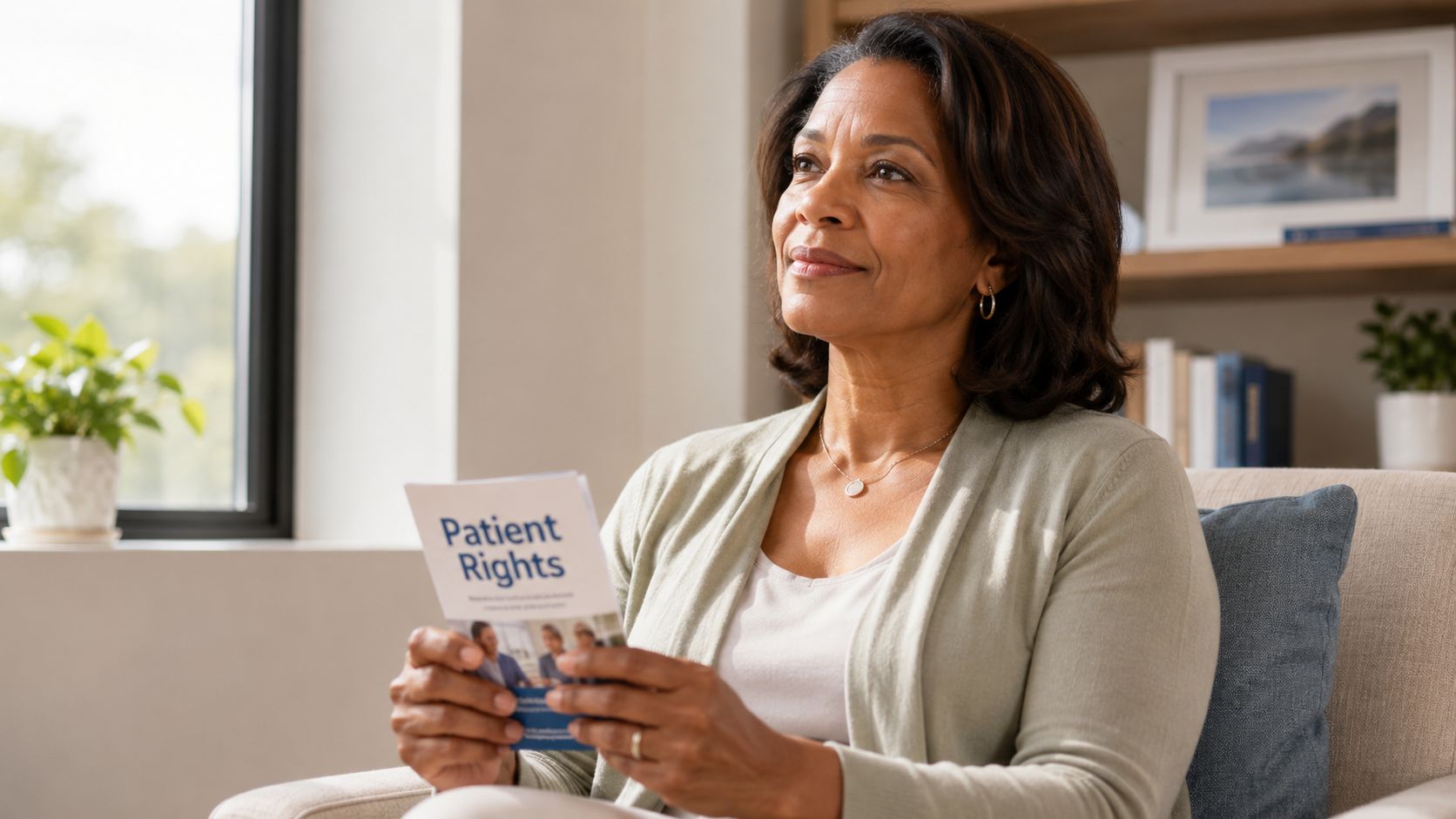 A woman sits in a comfortable chair holding a document titled Patient Rights while looking thoughtfully away.
