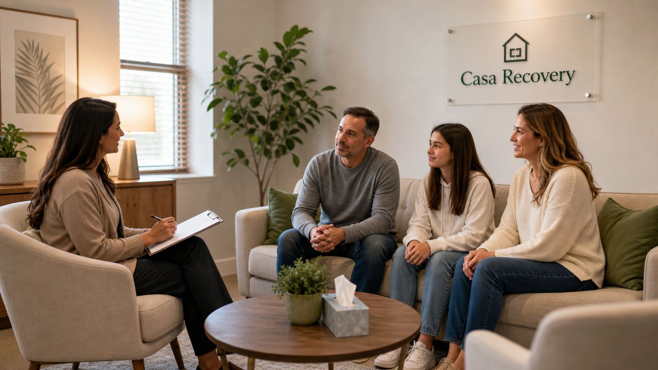 A professional therapist meeting with a family in a counseling office for family therapy session.