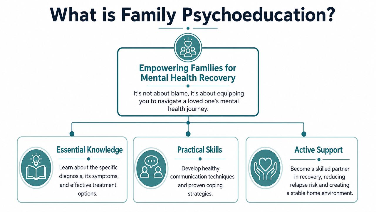 A flowchart explaining family psychoeducation as a way to empower families for mental health recovery.