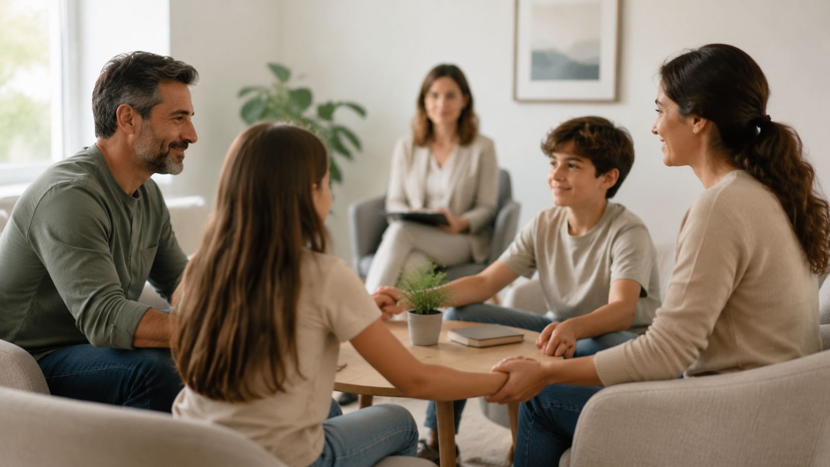 A family sits in a circle holding hands with a counselor during a professional therapy session.