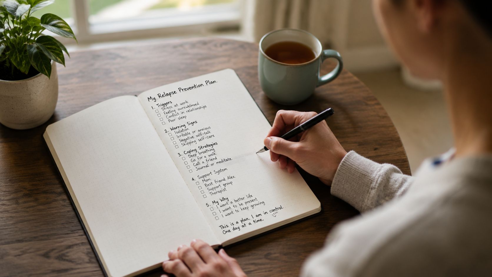 A person writes a relapse prevention plan in a notebook while sitting at a wooden table.