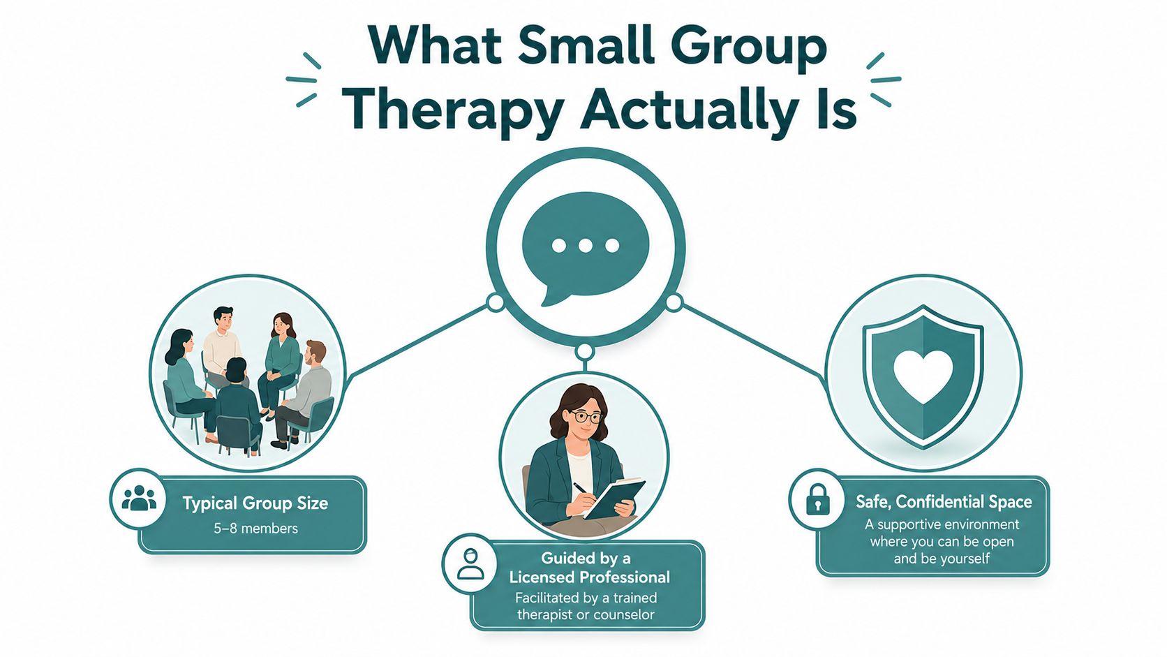 An infographic explaining small group therapy, featuring elements like group size, a licensed professional, and confidentiality.