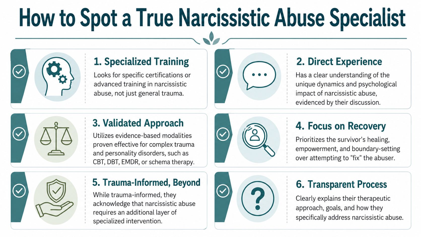 An infographic listing six essential qualities to look for when choosing a narcissistic abuse recovery specialist.