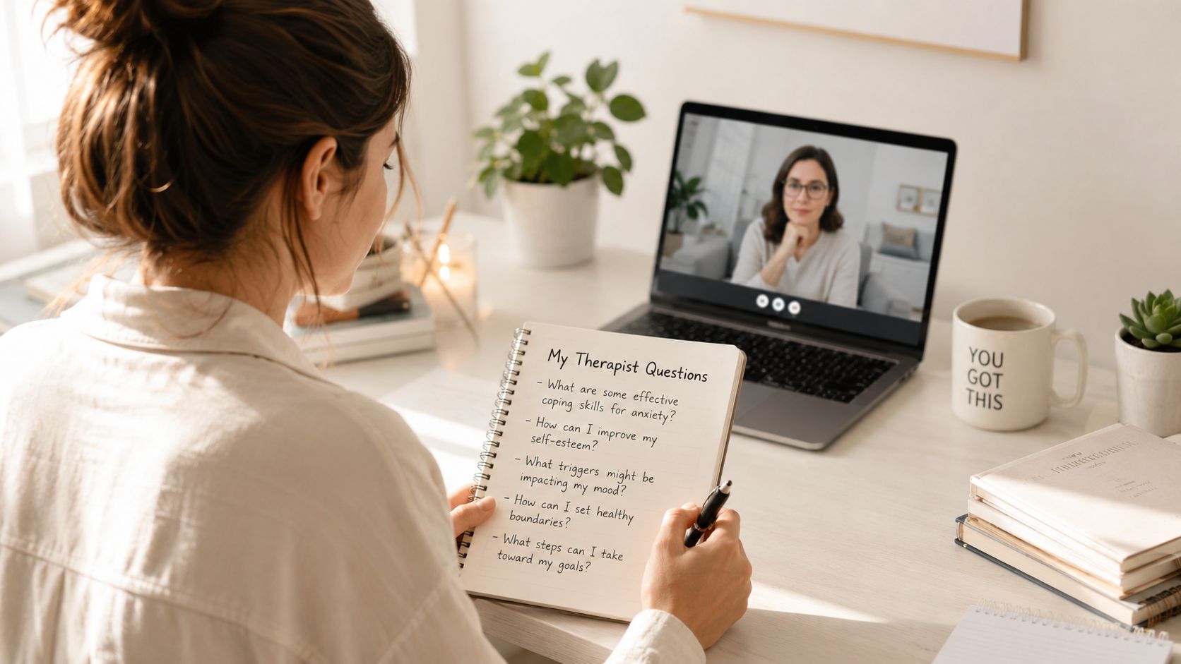 A woman participates in a virtual therapy session while writing questions in a spiral-bound notebook.