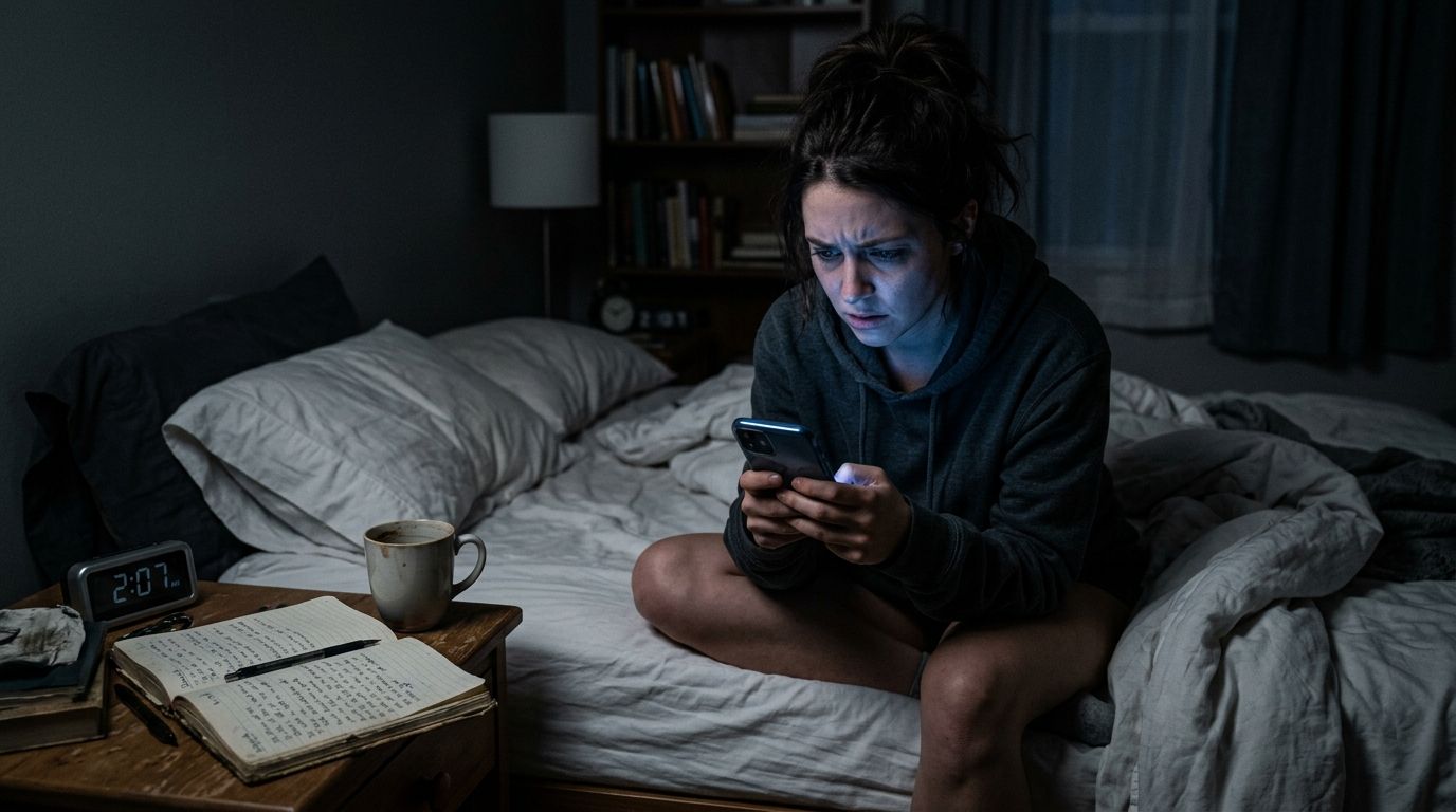 A young woman sits on her bed at night looking distressed while reading her smartphone screen.