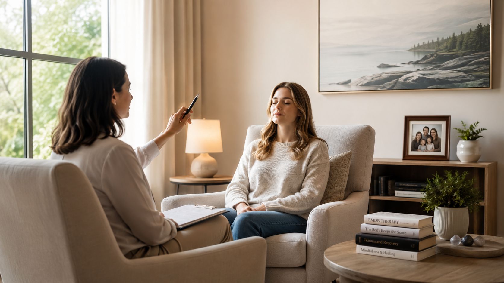A professional therapist conducting an EMDR therapy session with a client sitting in a calm office space.
