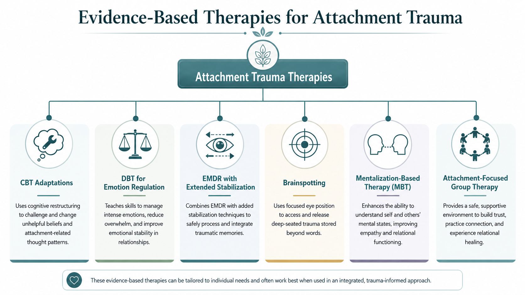 A diagram outlining six evidence-based therapies used to treat attachment trauma in therapeutic settings.
