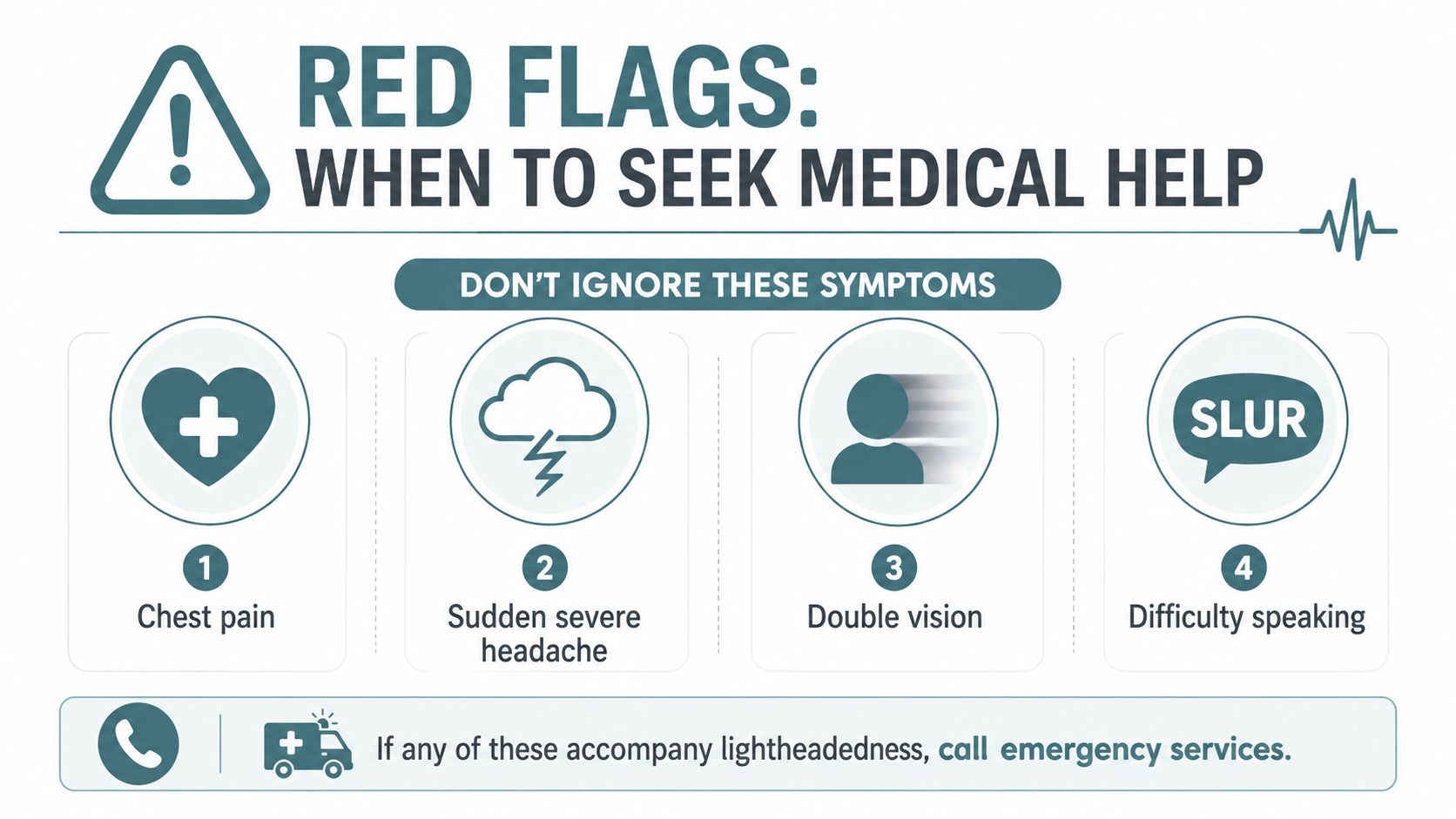 An infographic listing four red flag symptoms to seek medical help for when accompanied by lightheadedness.
