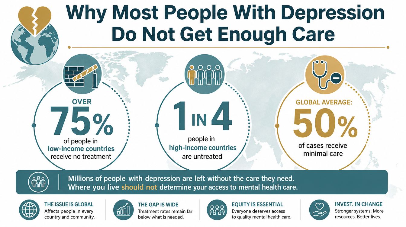 An infographic showing the global lack of access to mental health treatment for people with depression.