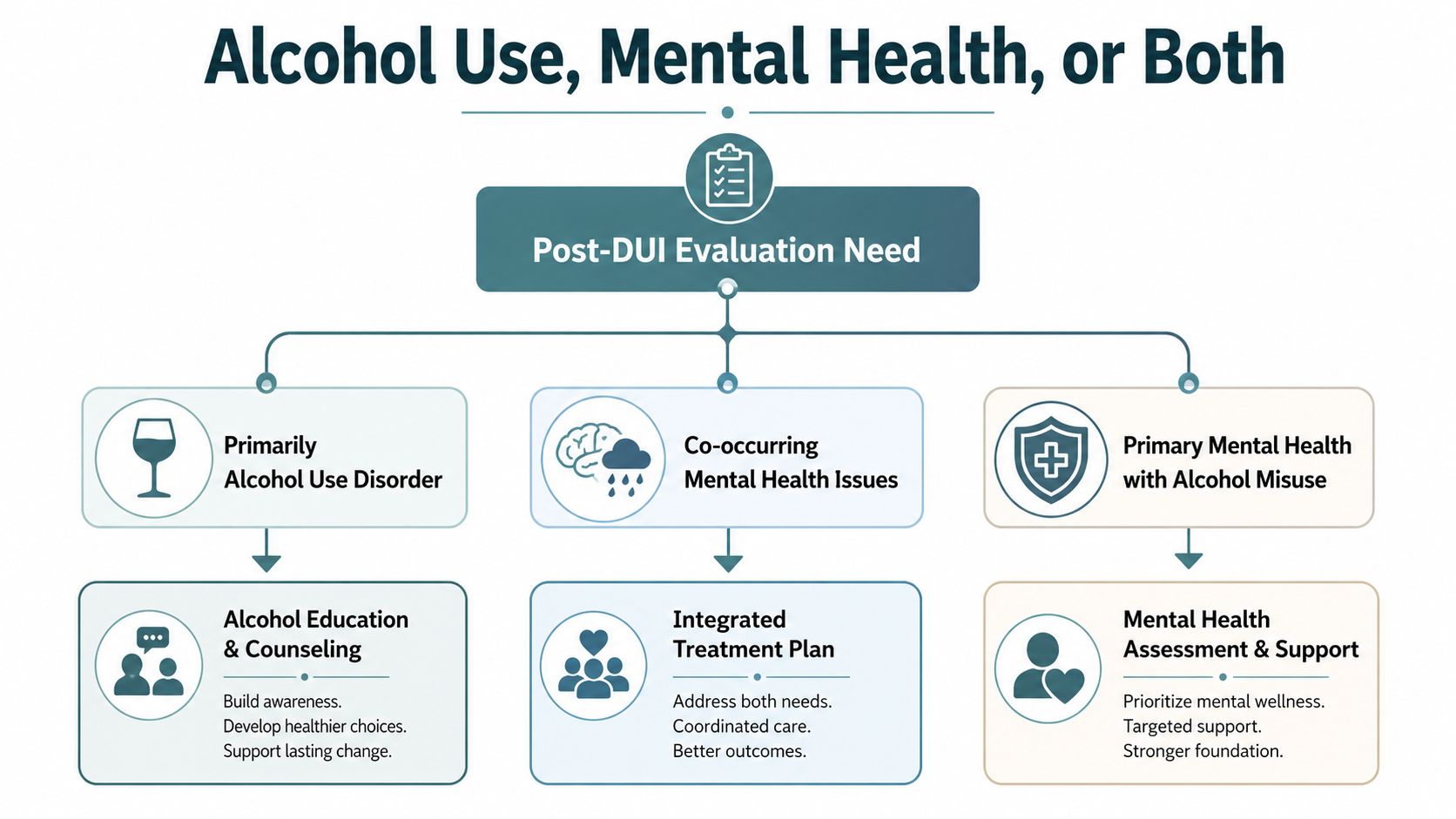 A flowchart explaining how post-DUI evaluations categorize individuals into alcohol use, mental health, or both.