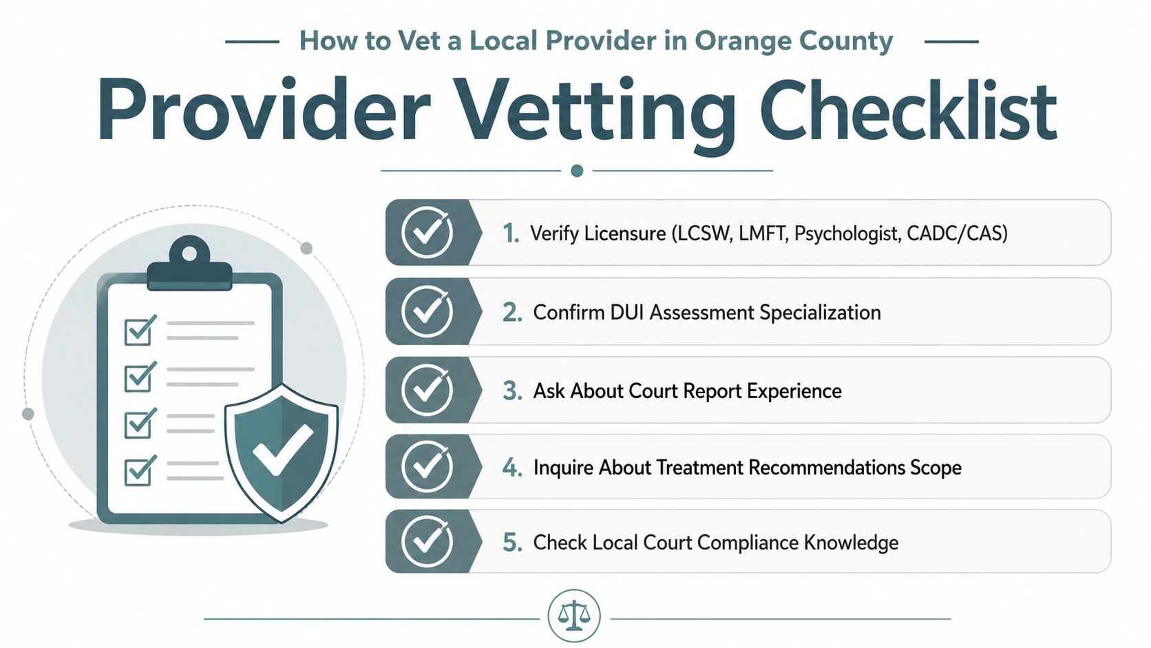 A professional checklist infographic detailing five essential steps for vetting a local DUI assessment provider.
