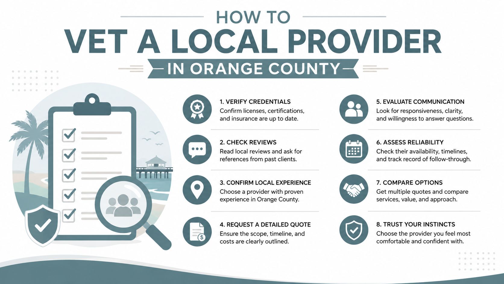 An infographic titled How to Vet a Local Provider in Orange County with eight numbered steps.