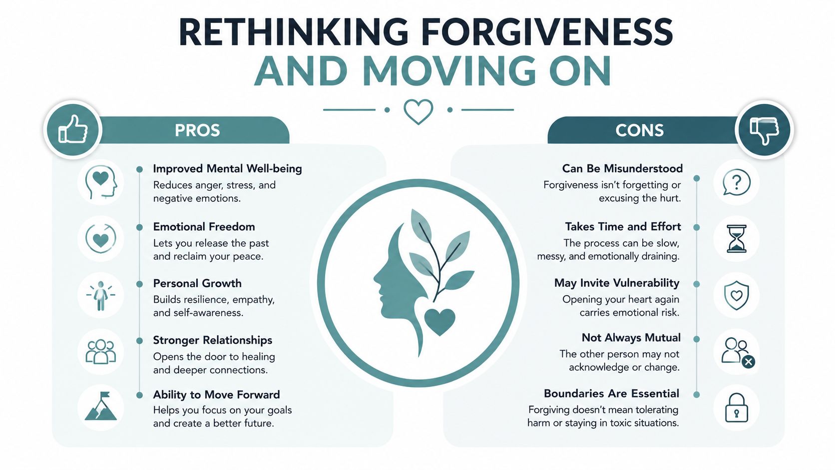 An infographic titled Rethinking Forgiveness and Moving On, listing the pros and cons of forgiving others.