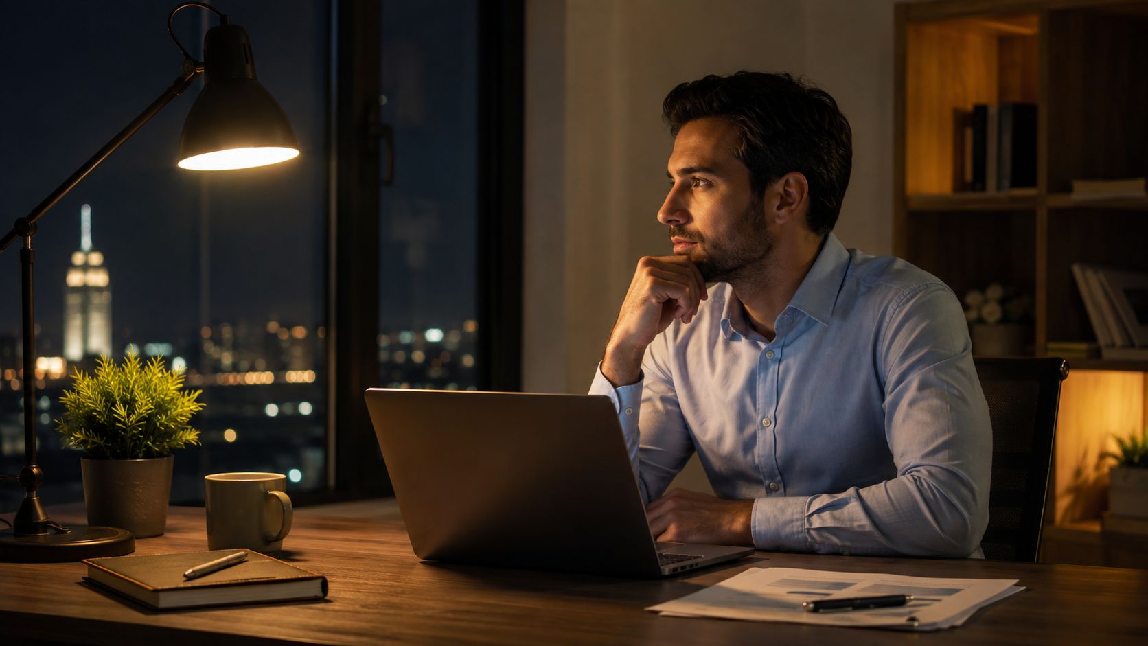 A professional man looking thoughtfully out of a window while working late in his home office.
