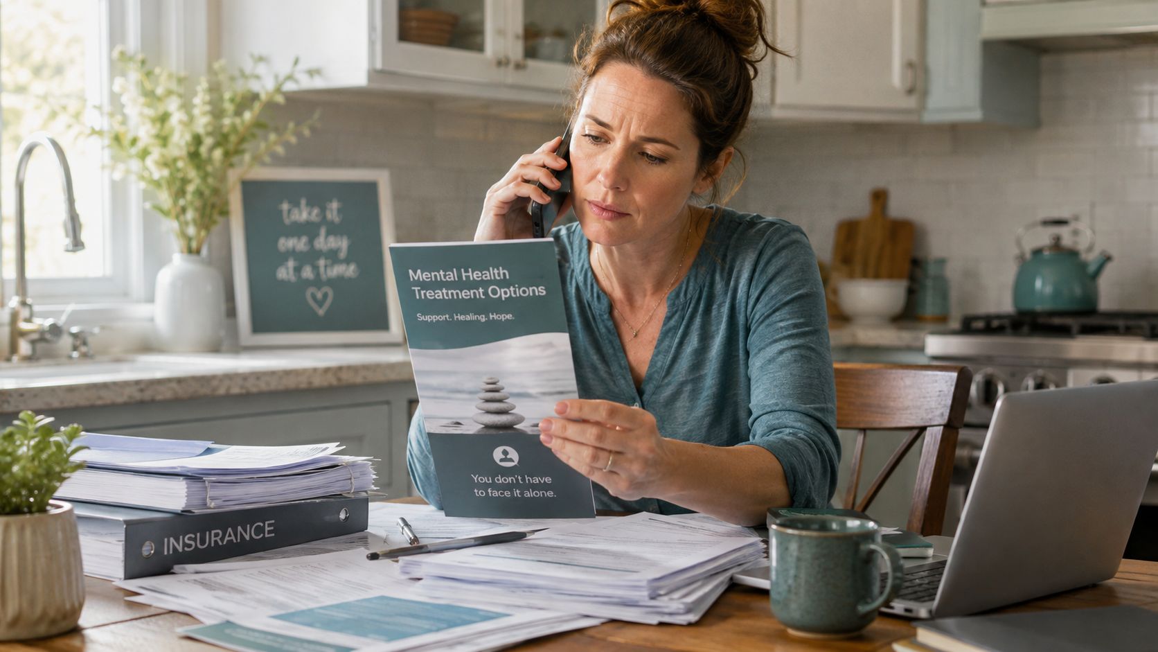 A concerned woman on a phone call reviewing a mental health treatment brochure at a desk.