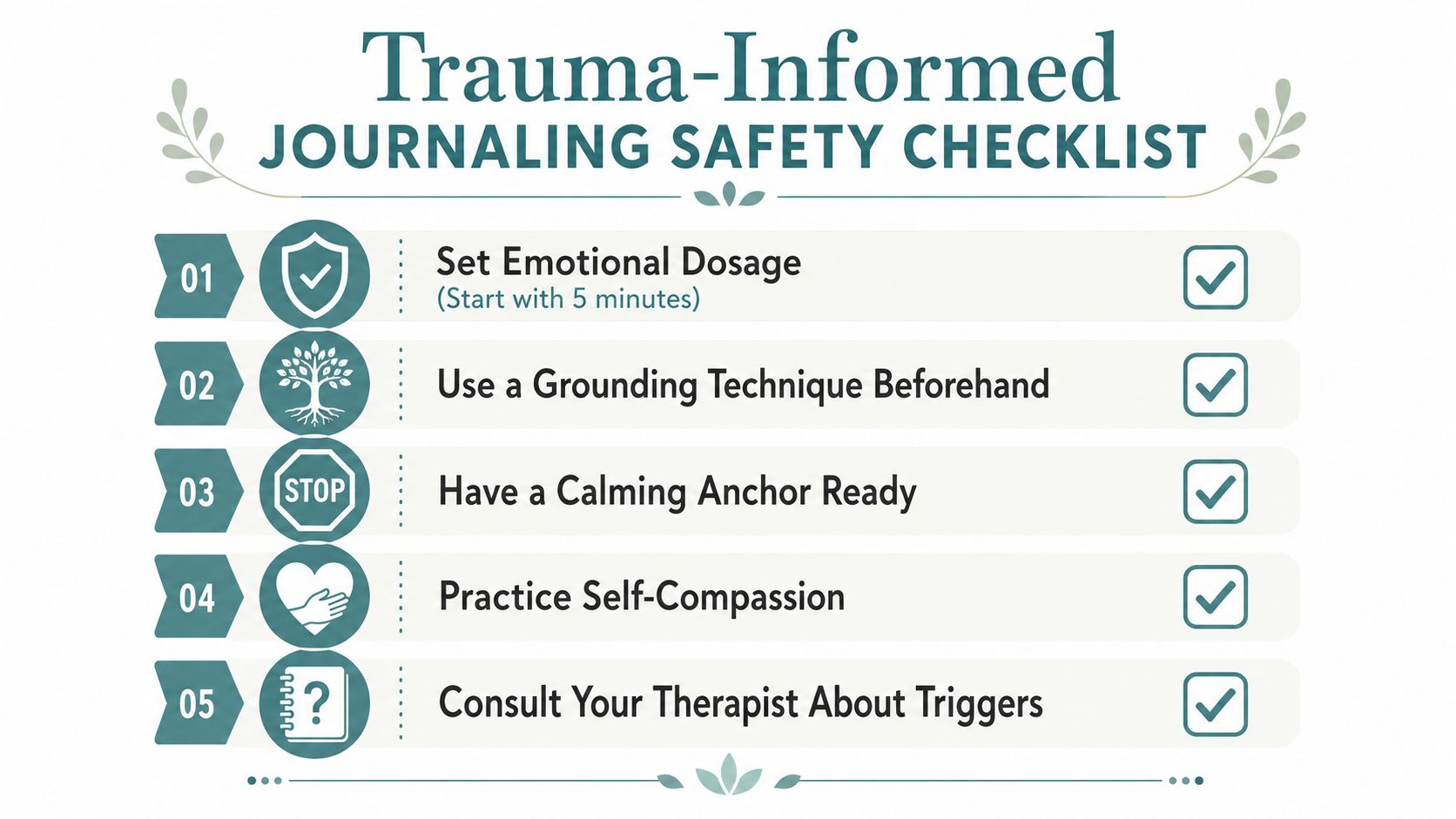 A trauma-informed journaling safety checklist containing five actionable steps for maintaining emotional well-being while writing.