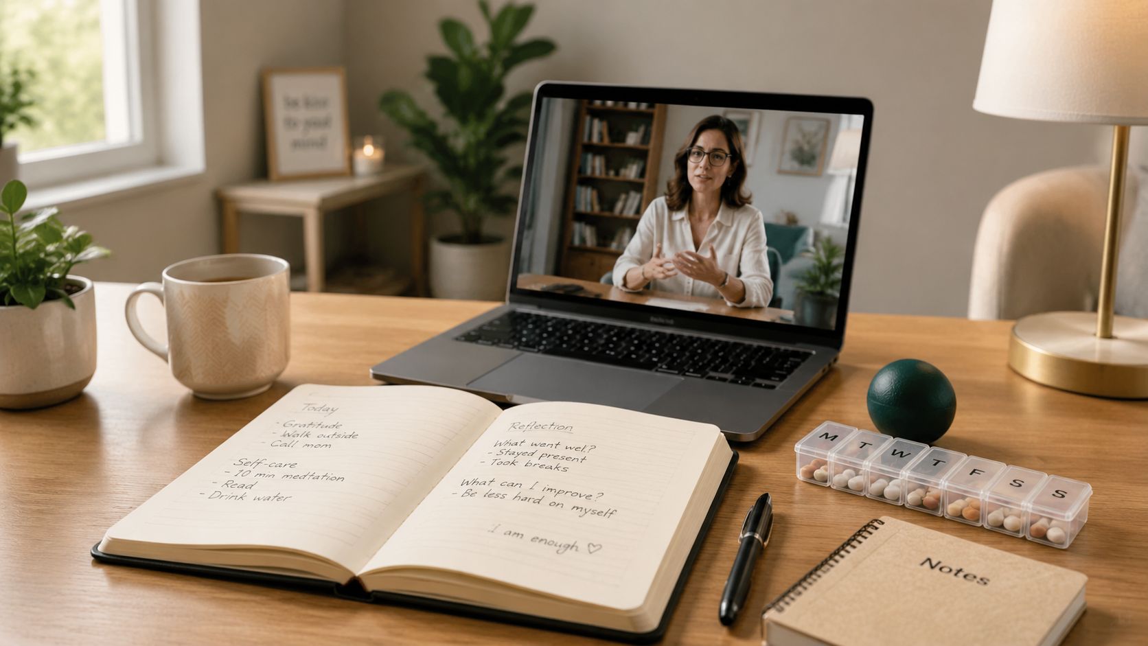 An open notebook with wellness habits and reflections sits on a wooden desk next to a laptop.