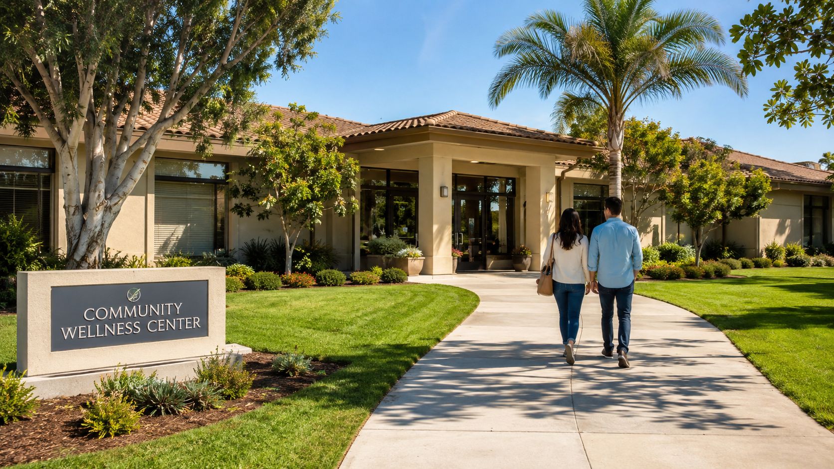 A couple walking on a path toward the entrance of a Community Wellness Center building.